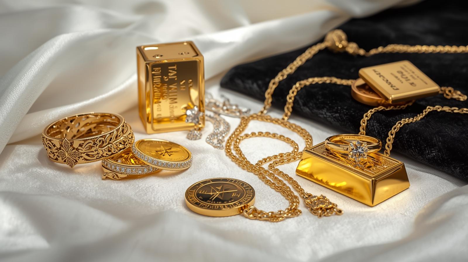 Gold jewelry, coins, and bars display